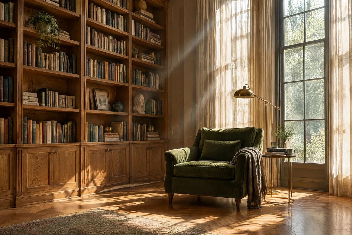 GPT Image 2.5 4K architectural interior of a sunlit reading room with oak bookshelves, a green velvet armchair and herringbone parquet
