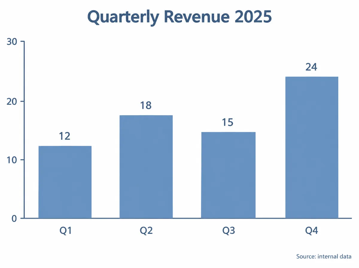 GPT Image 2.5 bar chart titled Quarterly Revenue 2025 with four bars labelled Q1 to Q4 and values 12, 18, 15, 24 on a 0–30 axis