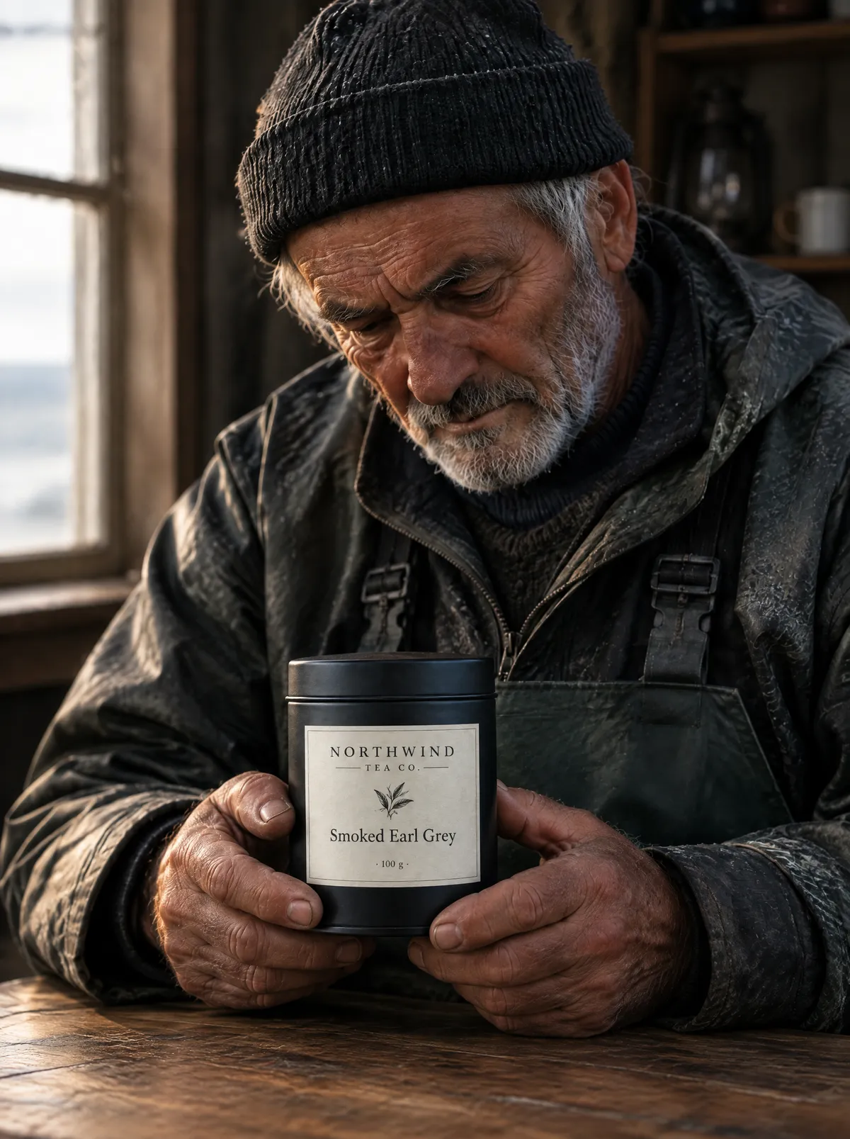 GPT Image 2.5 two-reference composite: the fisherman from the portrait holding the tea tin with its label readable