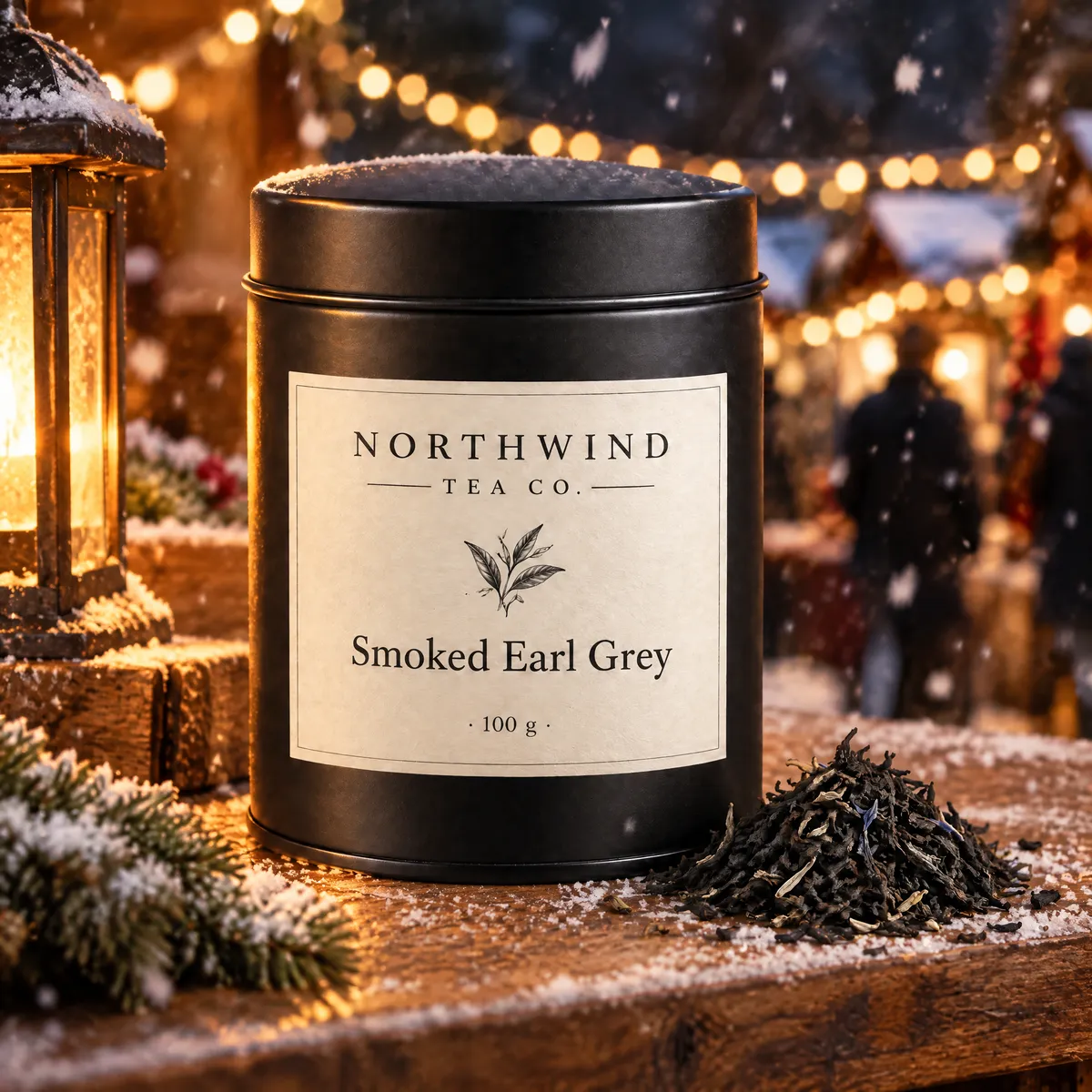 GPT Image 2.5 reference edit: the tea tin relocated to a snowy night market with lantern light, label still crisp