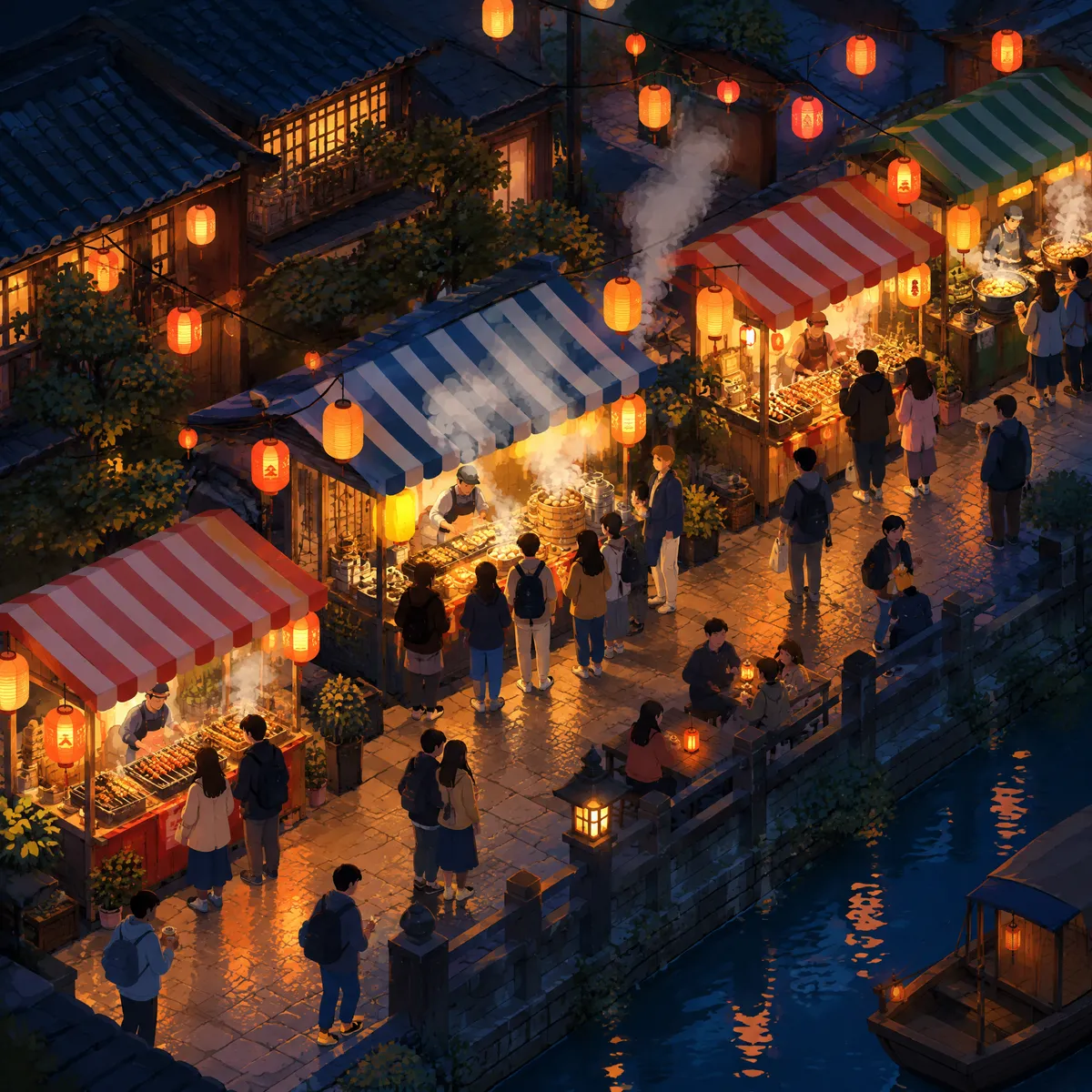 GPT Image 2.5 isometric illustration of a night market street with glowing stalls, lantern strings and tiny queueing figures