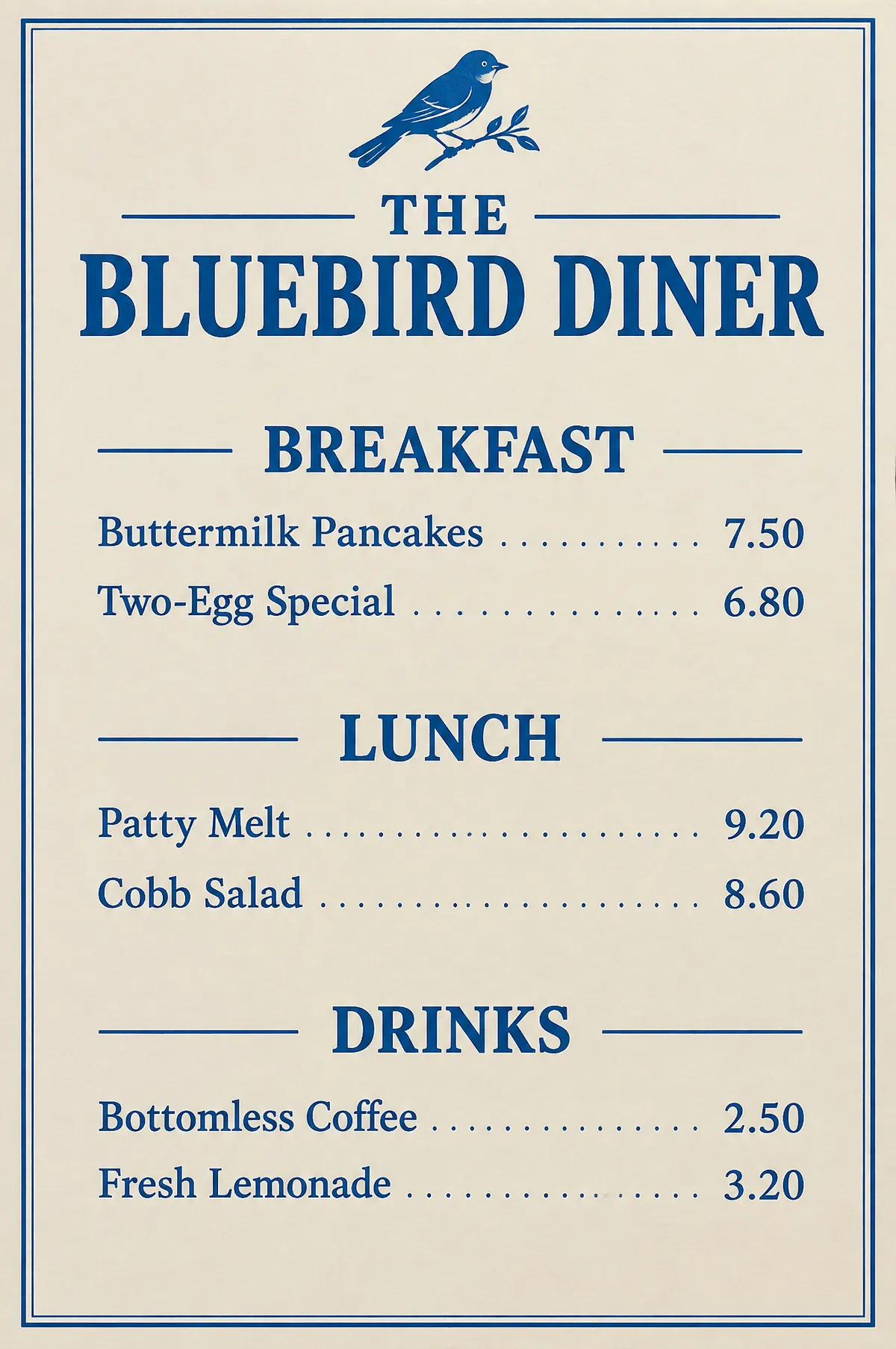 GPT Image 2.5 diner menu with breakfast, lunch and drinks sections, all seven prices legible and correct