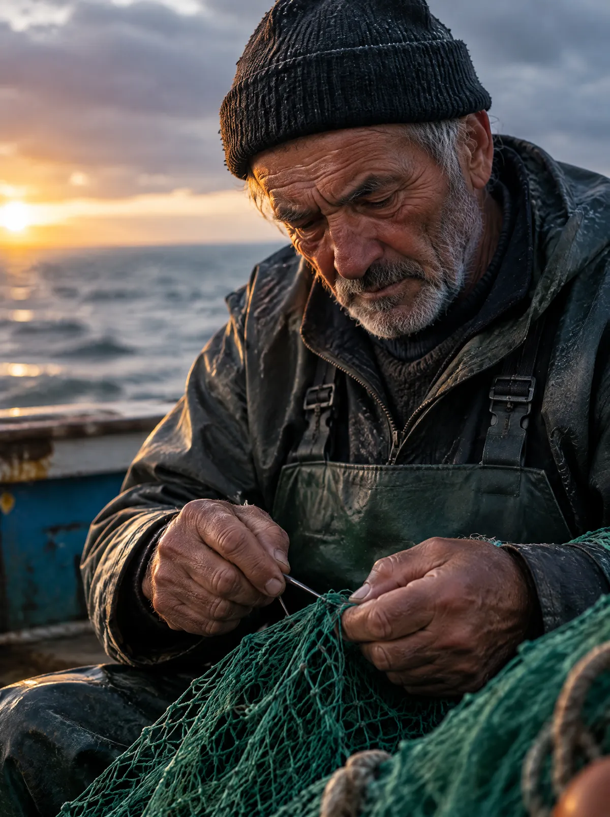 GPT Image 2.5 documentary portrait of an elderly fisherman mending a net at dawn, warm low sun against a cold sea