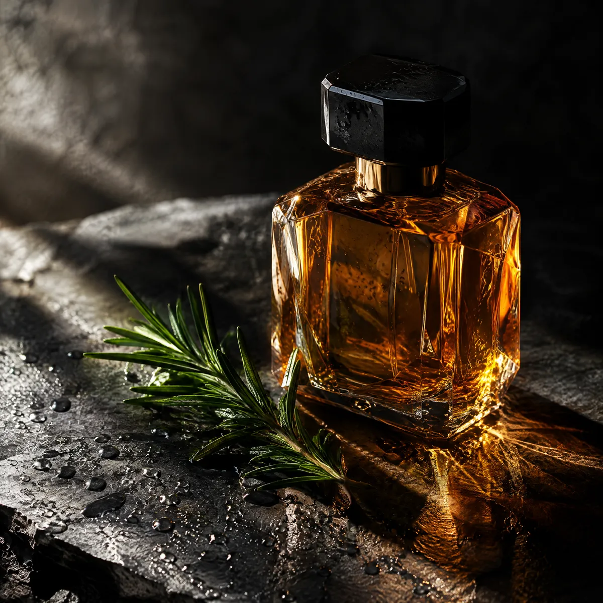 GPT Image 2.5 Flare tier: faceted amber perfume bottle on wet black slate with a rosemary sprig and caustic light