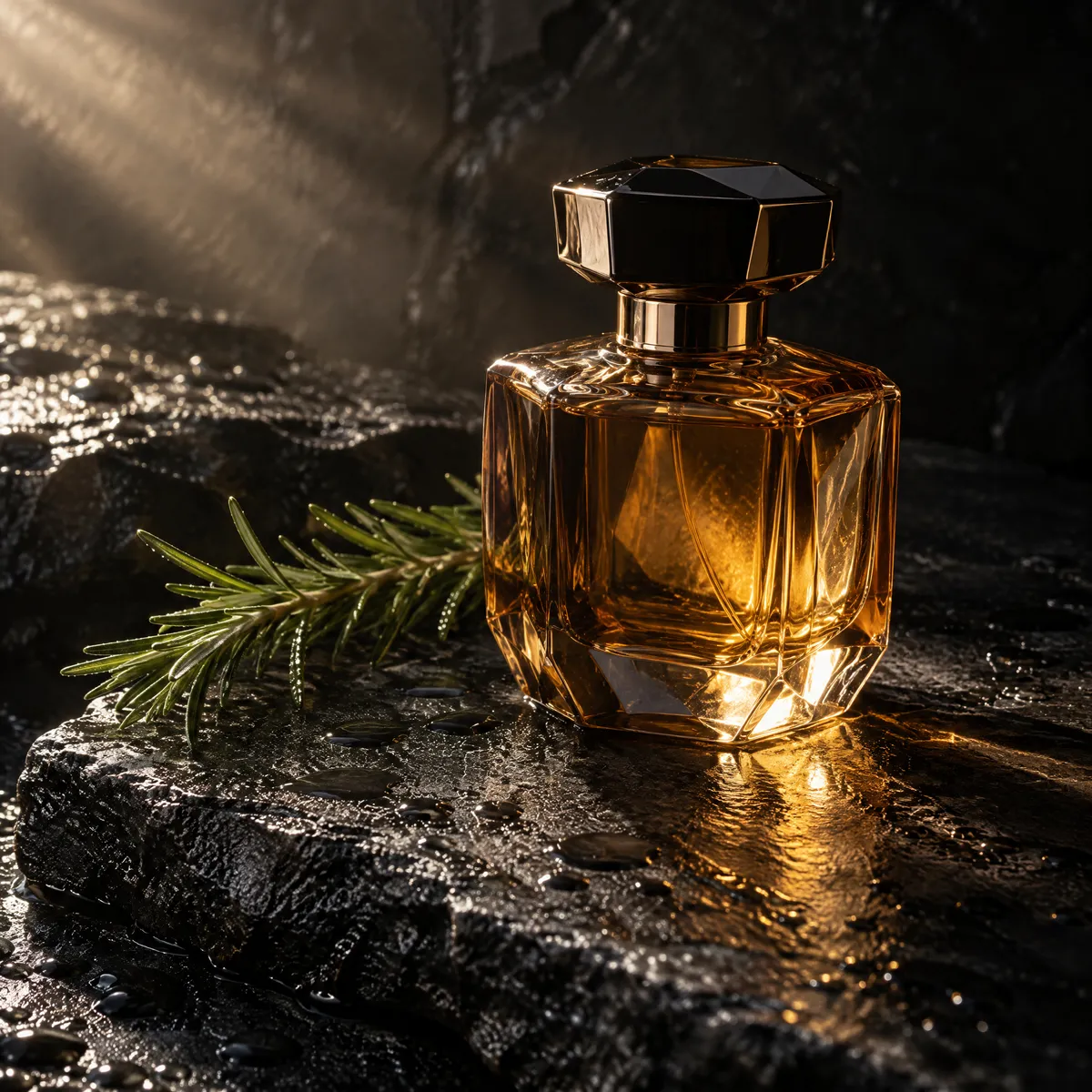 GPT Image 2.5 Sunburst tier: the same amber perfume bottle still life, rendered on the refined tier