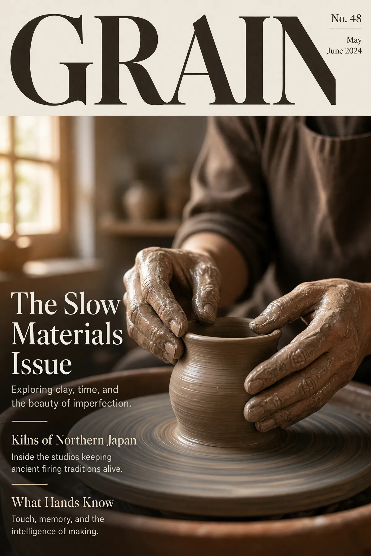Grok Imagine Image 2.0 magazine cover with masthead, three cover lines each with a deck line, and issue details