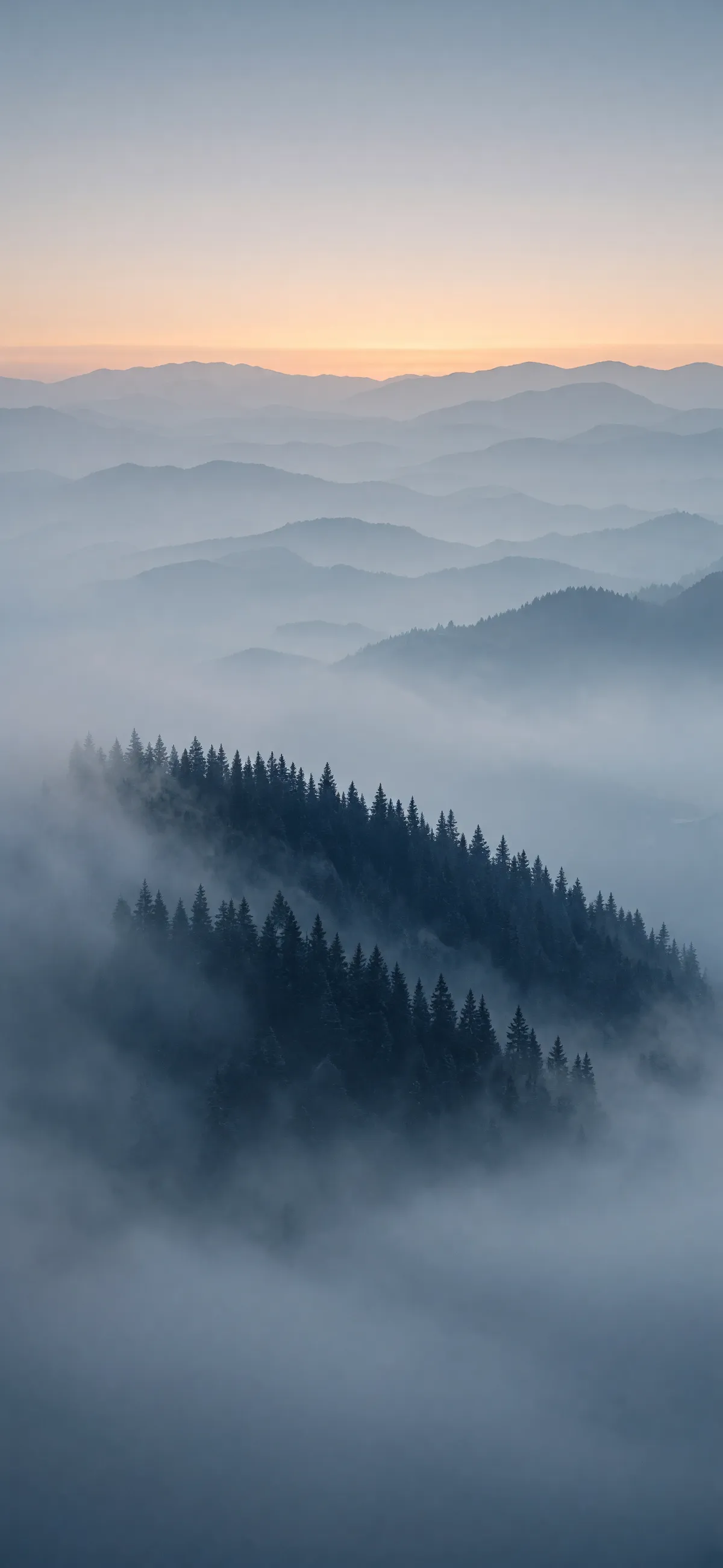 Grok Imagine Image 2.0 full-screen 9:19.5 phone wallpaper of a misty pine ridge at dawn