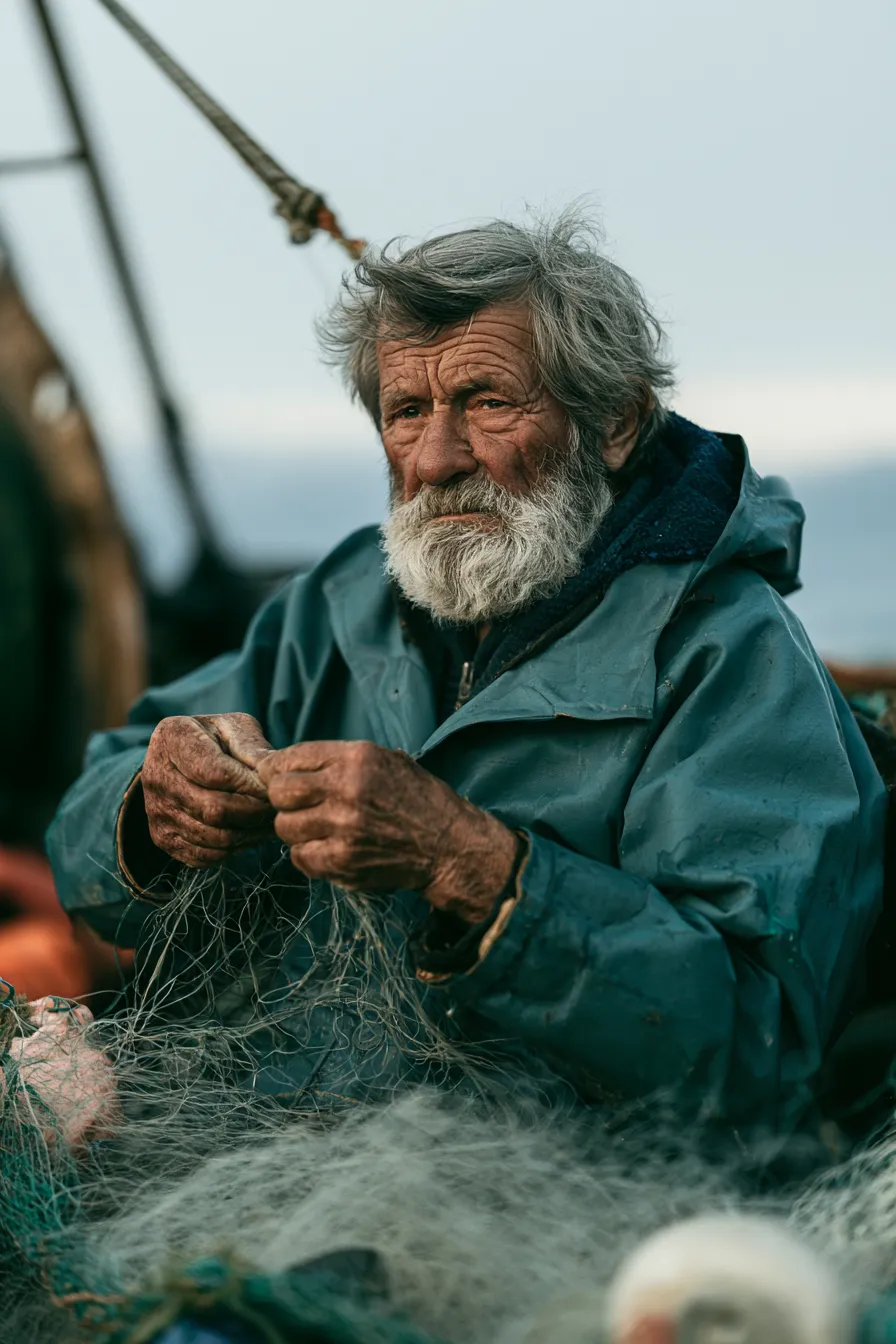 Midjourney V8.2 portrait of the fisherman in a hood, hands working the net