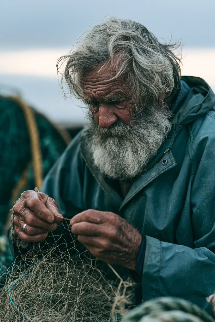 Midjourney V8.2 portrait of the fisherman in a knit cap with rigging behind him