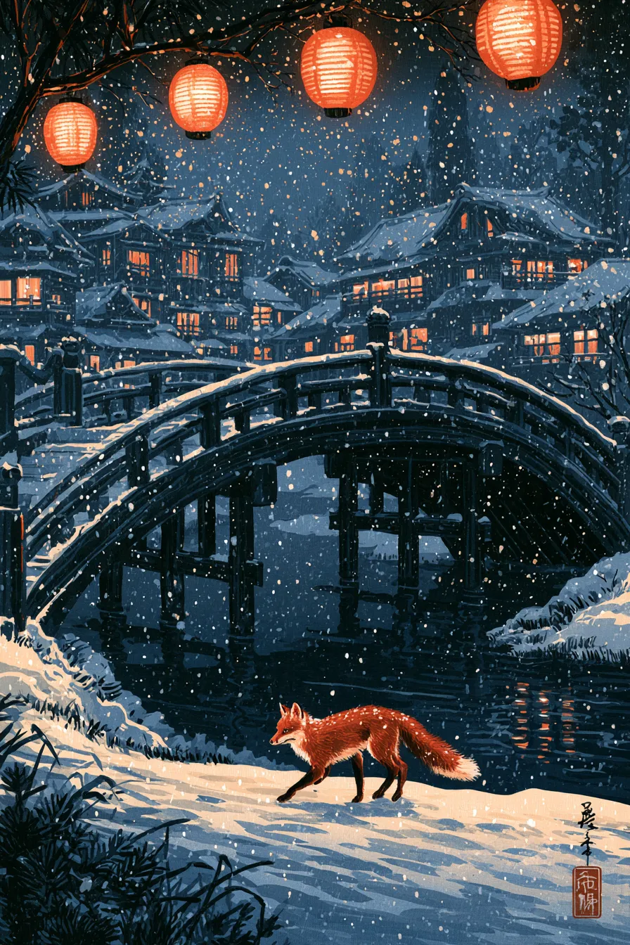 Midjourney V8.2 print: the fox walking through snow below the bridge, with an invented red seal