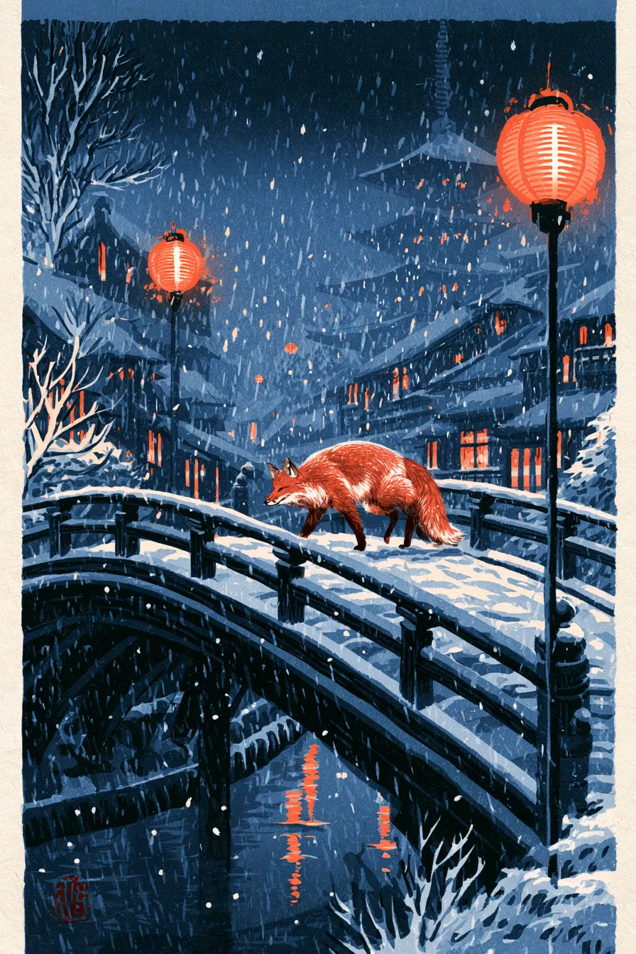 Midjourney V8.2 print: the fox crossing the snowy bridge beside a street lantern