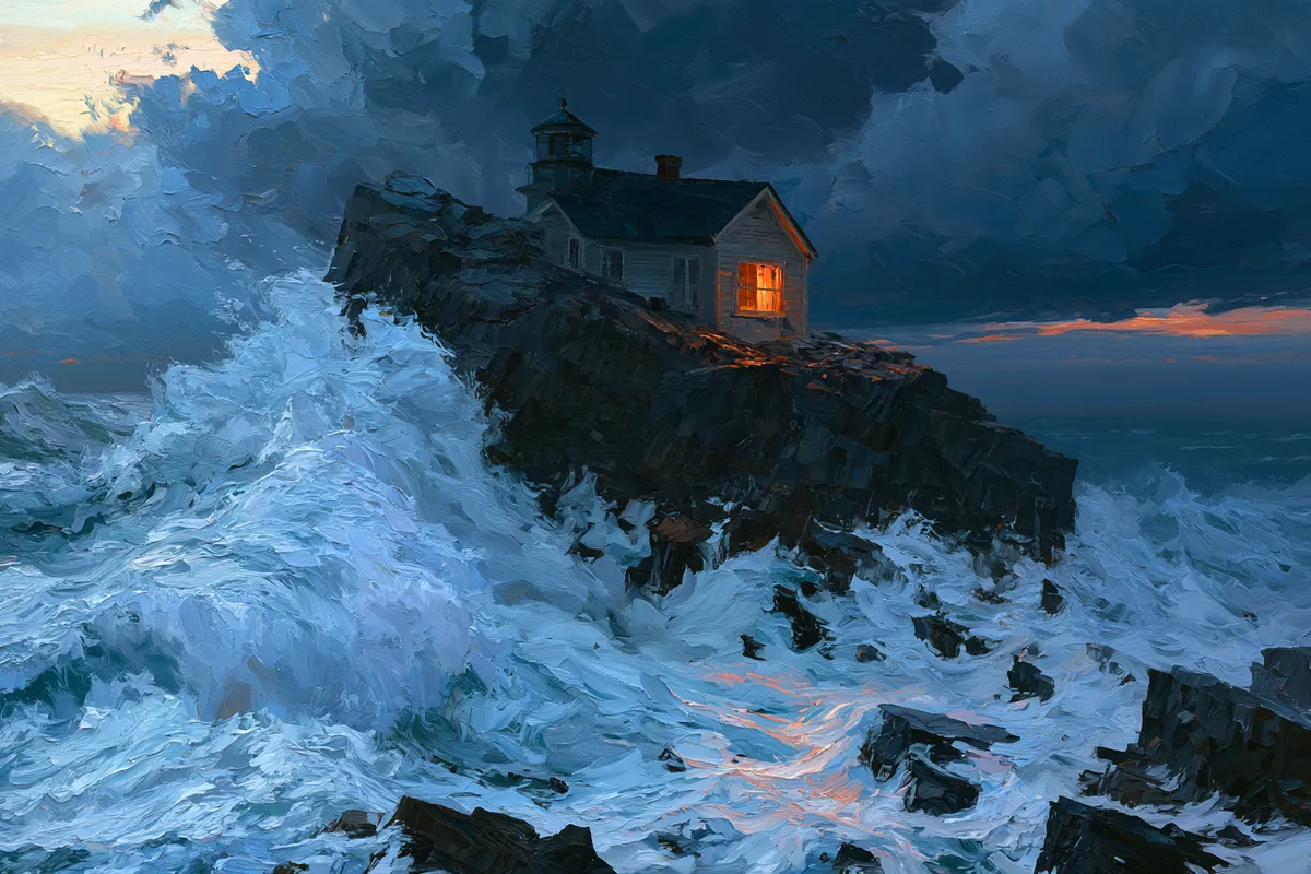 Midjourney V8.2 take: the cottage above towering white surf under storm clouds