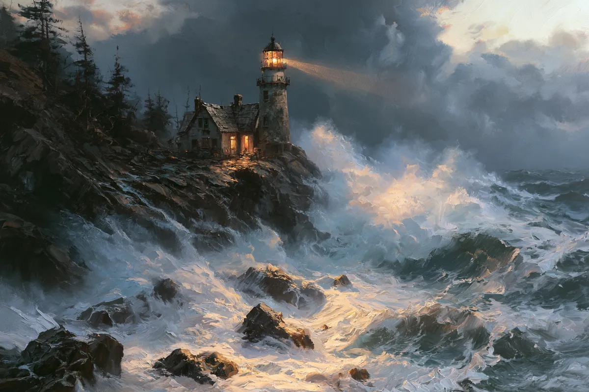 Midjourney V8.2 take that added a lit lighthouse tower beside the cottage
