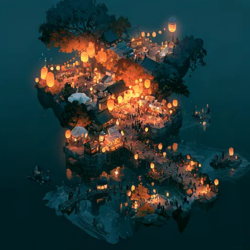 Midjourney V8.2 Draft sketch of a floating island night market lit by lanterns