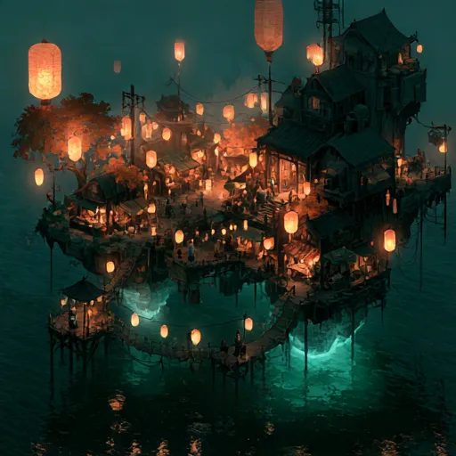 Midjourney V8.2 Draft sketch of the floating market with sky lanterns rising