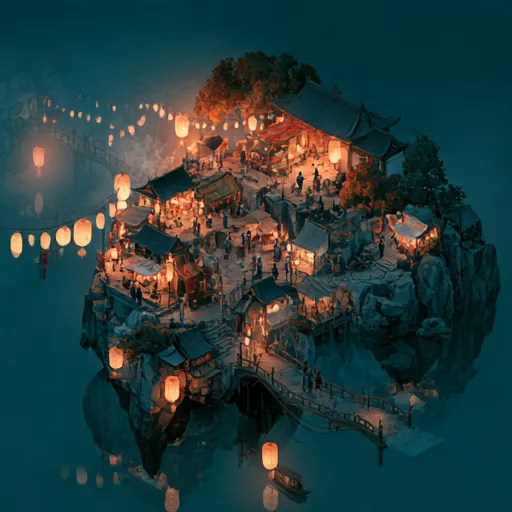 Midjourney V8.2 Draft sketch of the island market with strings of lights