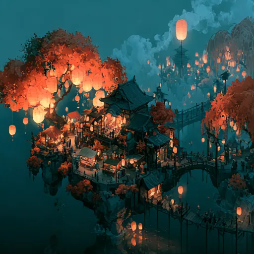 Midjourney V8.2 Draft sketch of the floating market framed by red autumn trees