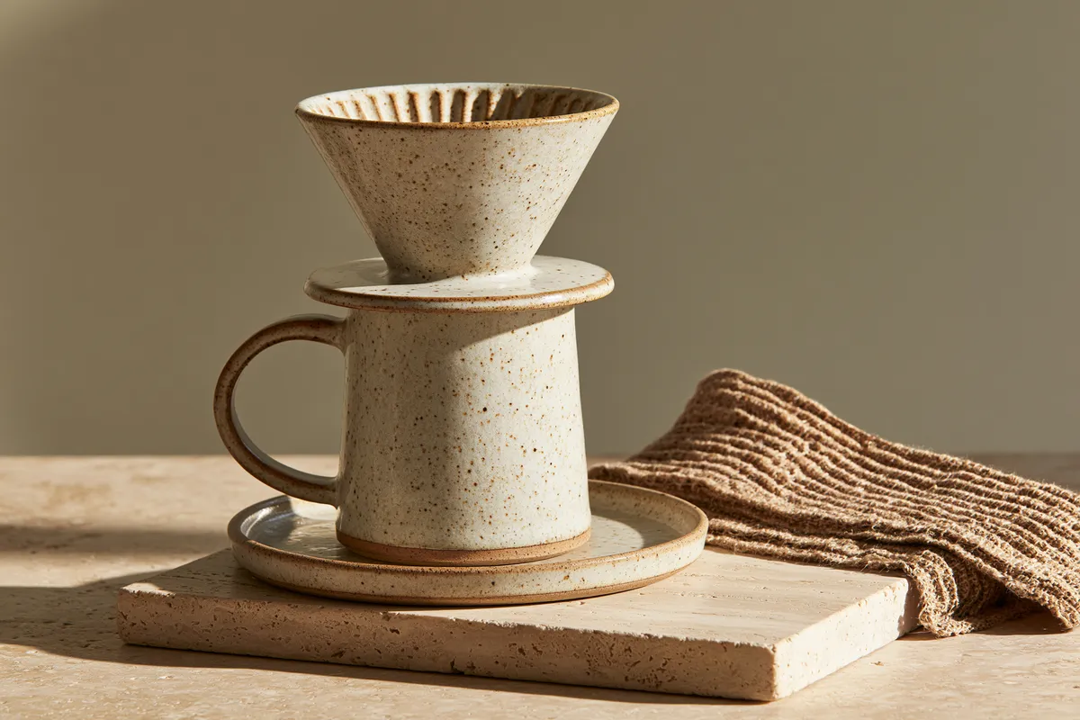 Midjourney V8.2 HD product photograph of a speckled ceramic pour-over coffee set on travertine