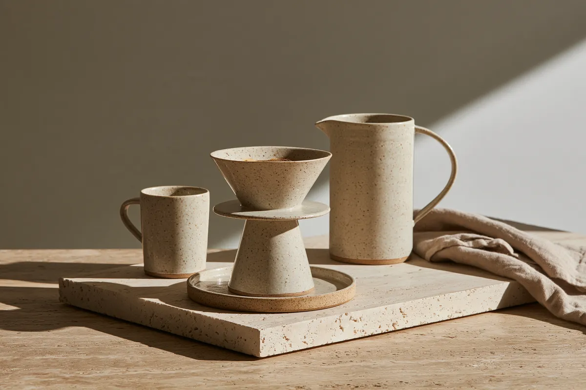 Midjourney V8.2 HD take of the ceramic coffee set with a jug and a linen cloth