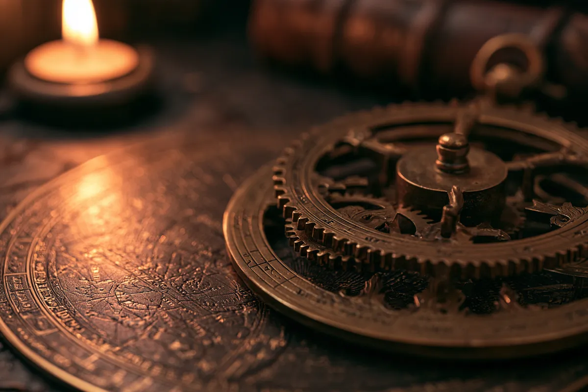 Midjourney V8.2 astrolabe at --q 1: the plate engraving reads as an even texture