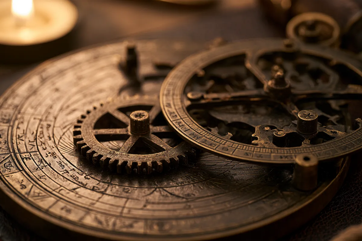Midjourney V8.2 second astrolabe take at --q 1, gears in front of a flat engraved plate