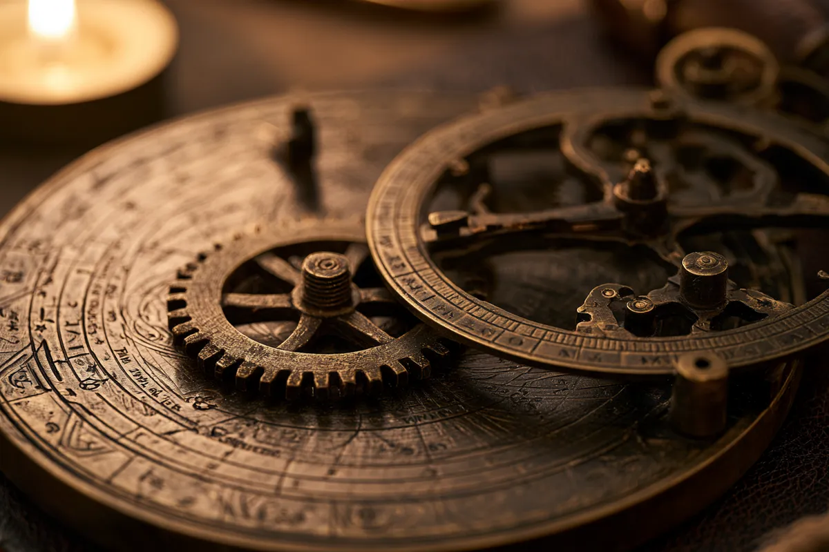 Midjourney V8.2 second astrolabe take at --q 4 with finer engraving on the plate