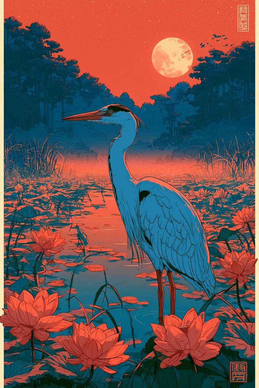 Midjourney V8.2 heron among red lotus flowers under a vermilion sky, in the reference print style