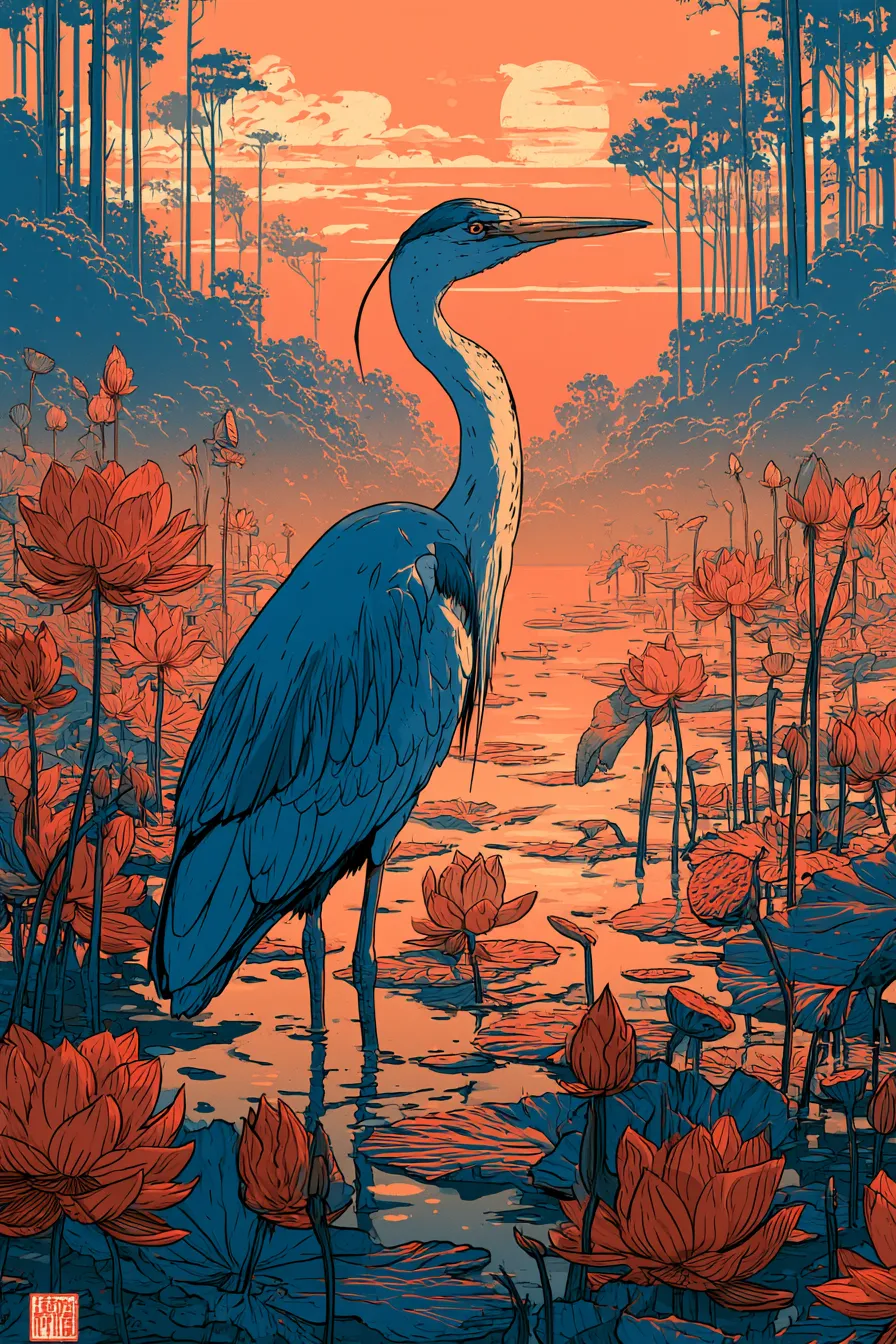 Midjourney V8.2 heron standing in a pond of lotus blossoms, indigo and vermilion woodblock style