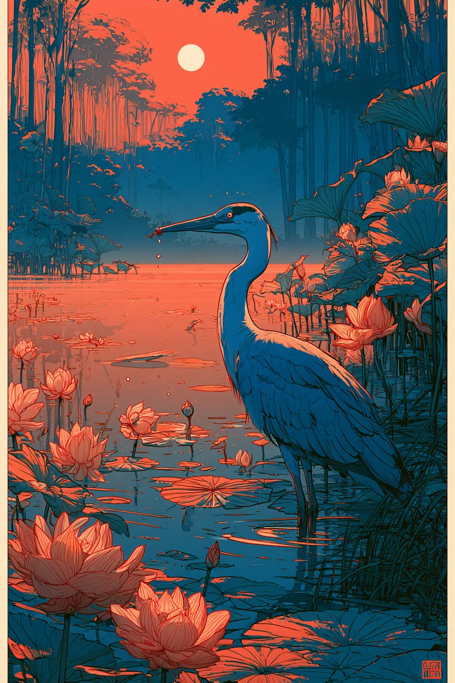 Midjourney V8.2 heron wading among lotus flowers at sunrise, in the reference print palette
