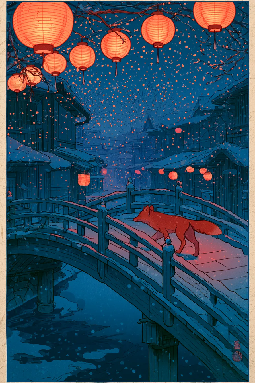 Cetakan musang ukiyo-e Midjourney V8.1, satu lagi ambilan: tanglung di atas dan musang melintasi pertengahan jambatan