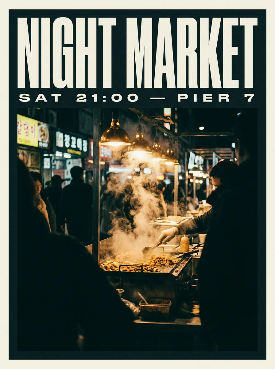 Nano Banana 2.1 gig poster with the headline NIGHT MARKET over a steaming street-food griddle at night