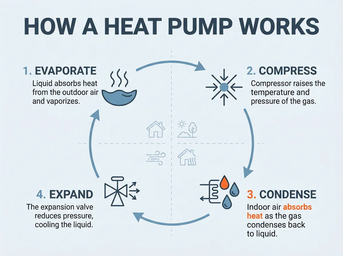 Nano Banana 2.1 infographic titled HOW A HEAT PUMP WORKS with four correctly labeled stages