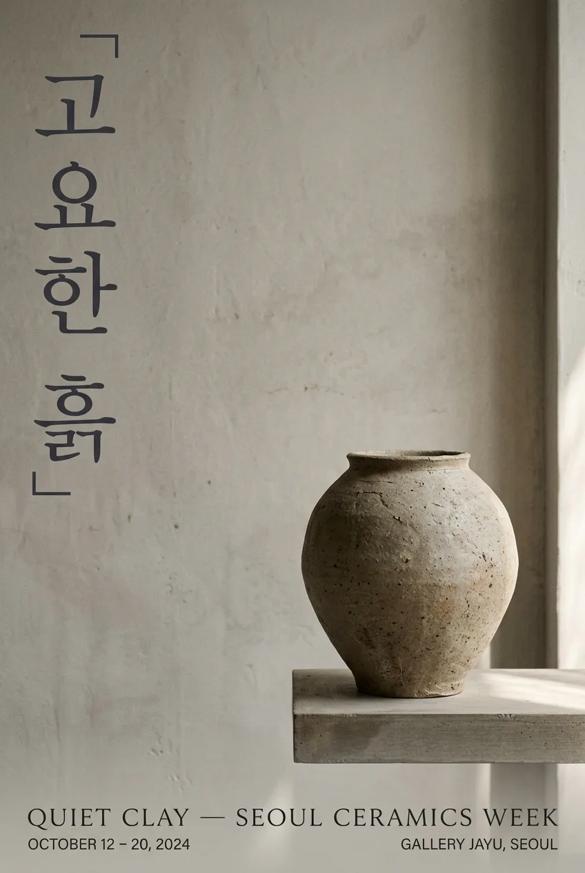 Nano Banana 2.1 Korean ceramics exhibition poster with the title 고요한 흙 set vertically