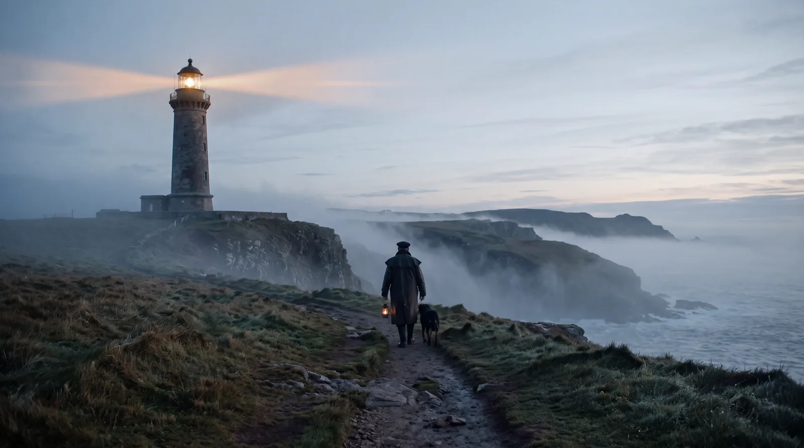 Nano Banana 2.1 4K 16:9 cinematic shot of a lighthouse keeper walking a foggy cliff path at dawn