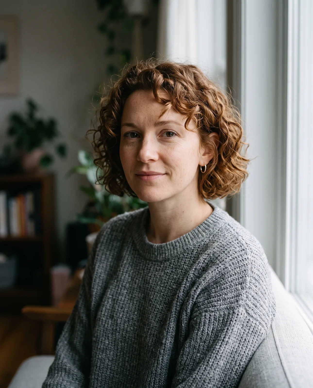 Nano Banana 2.1 natural-light portrait of a woman with short curly auburn hair by a window