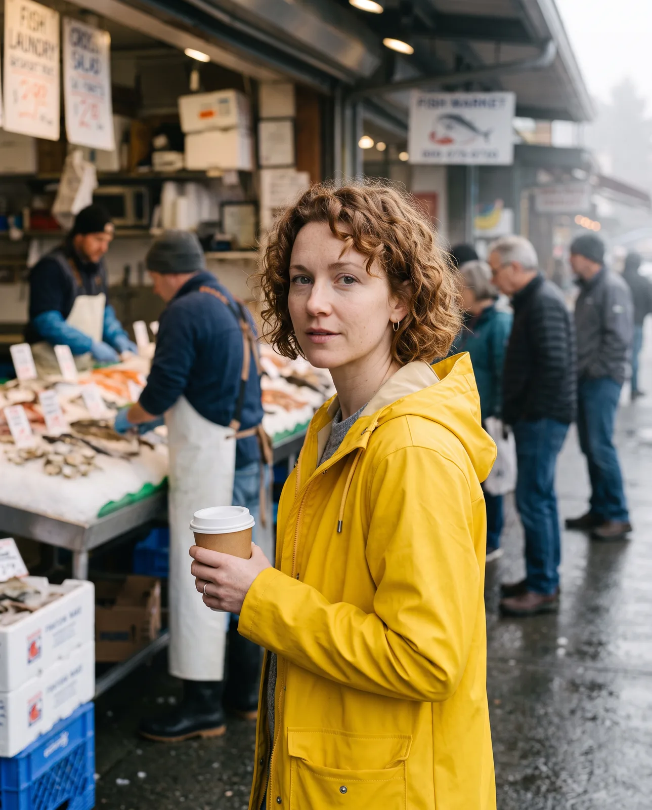 Nano Banana 2.1 first-round edit: the same woman in a yellow raincoat at a morning fish market