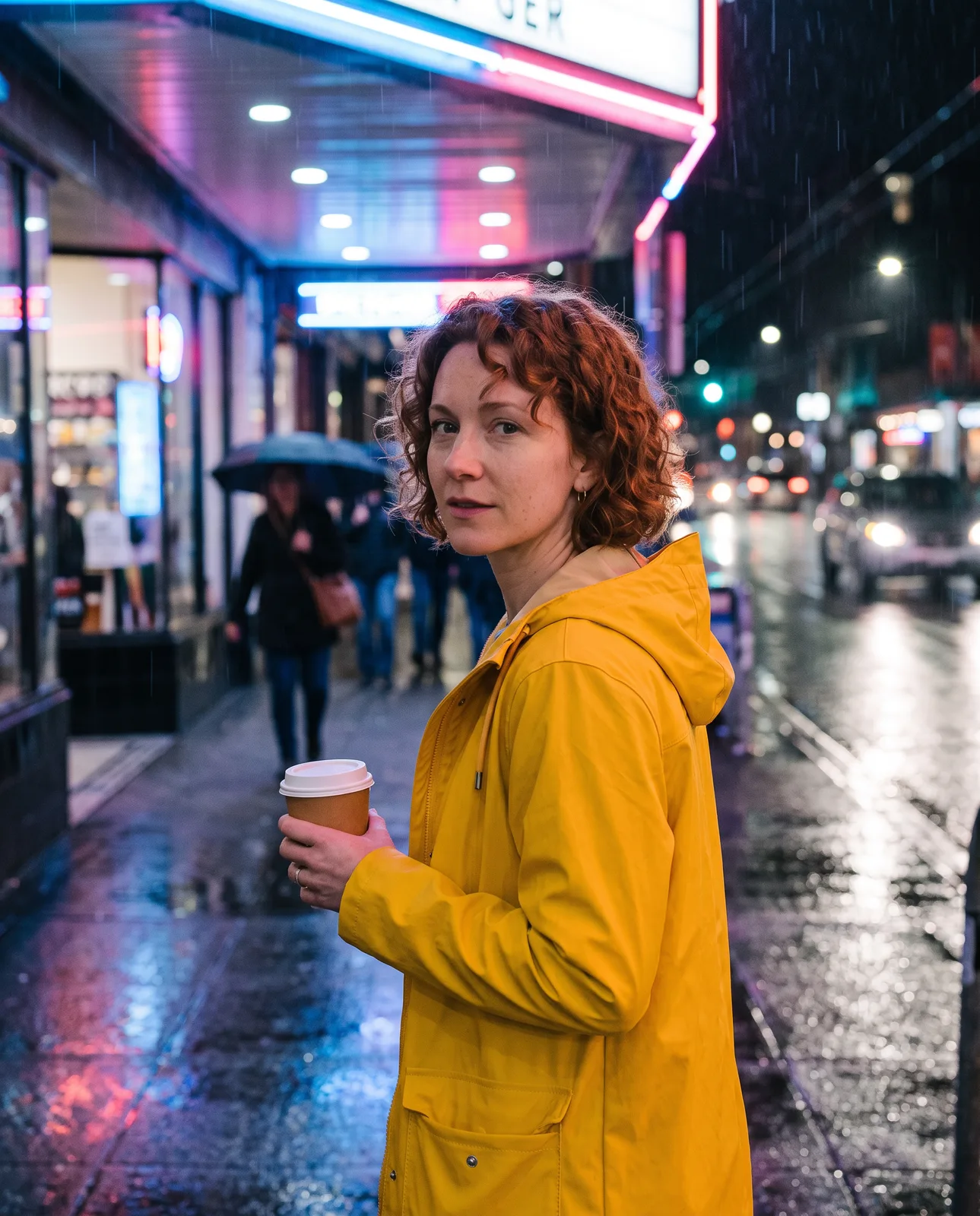 Nano Banana 2.1 second-round edit: the same woman in a yellow raincoat on a rainy neon-lit street at night