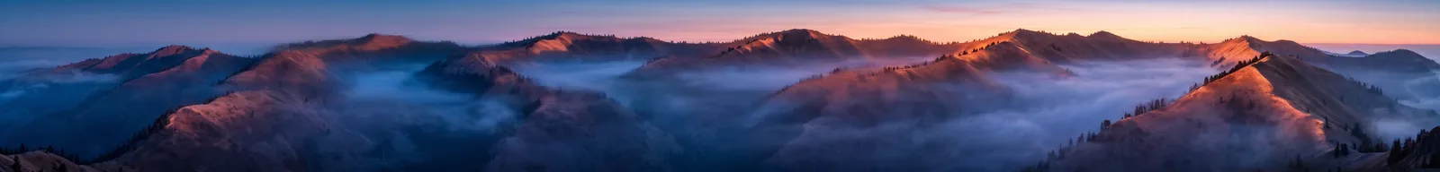 Nano Banana 2 8:1 panoramic banner of a continuous mountain ridgeline at dawn, 5856 pixels wide