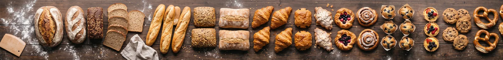 Nano Banana 2 8:1 overhead header strip of breads and pastries on a floured counter