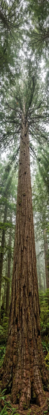 Nano Banana 2 1:8 vertical banner of a single sequoia trunk from base to canopy, 5856 pixels tall
