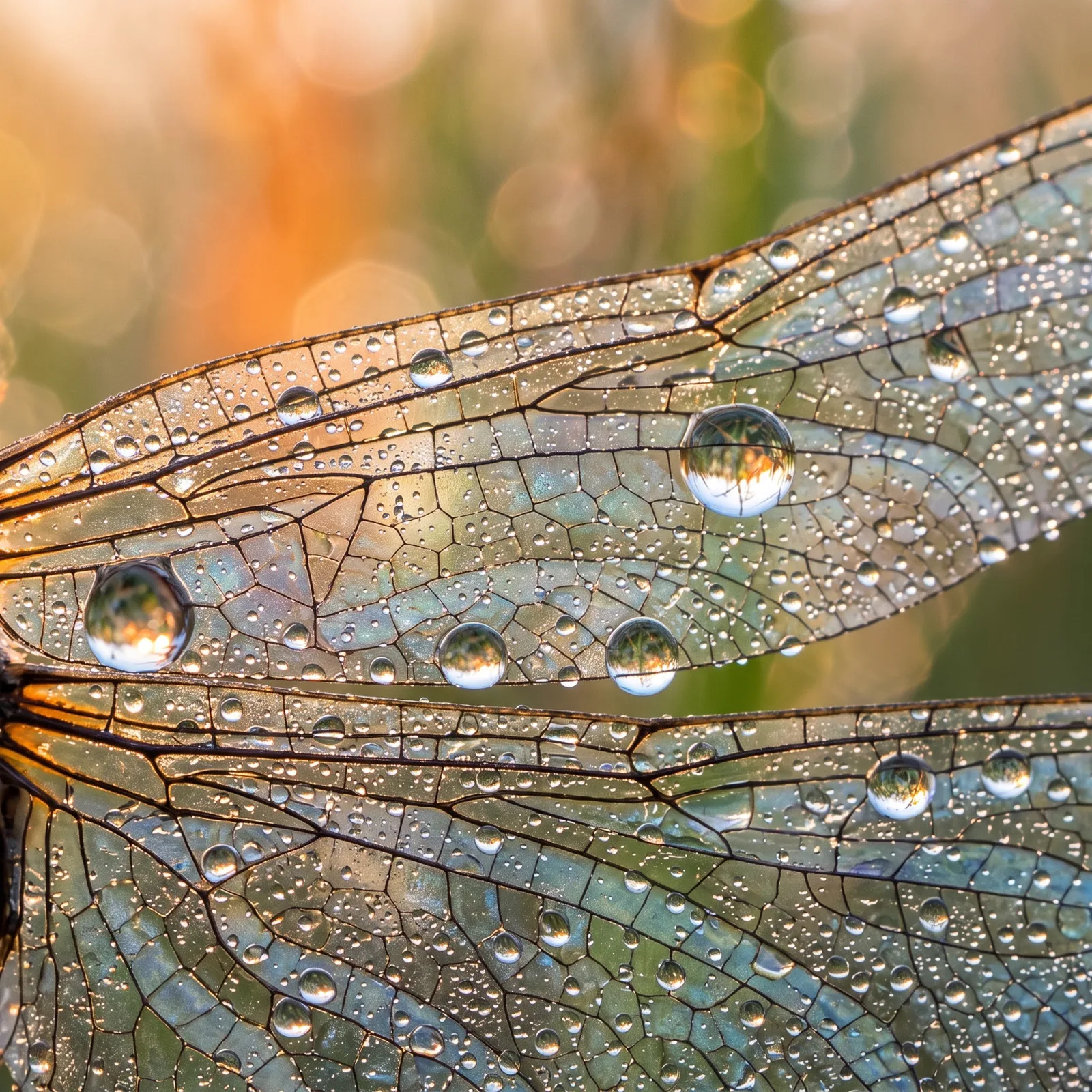 Nano Banana 2 4K macro photograph of a dew-covered dragonfly wing at sunrise