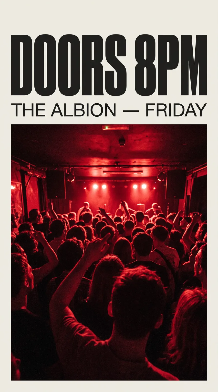 Nano Banana 2 vertical social poster reading DOORS 8PM over a red-lit venue crowd