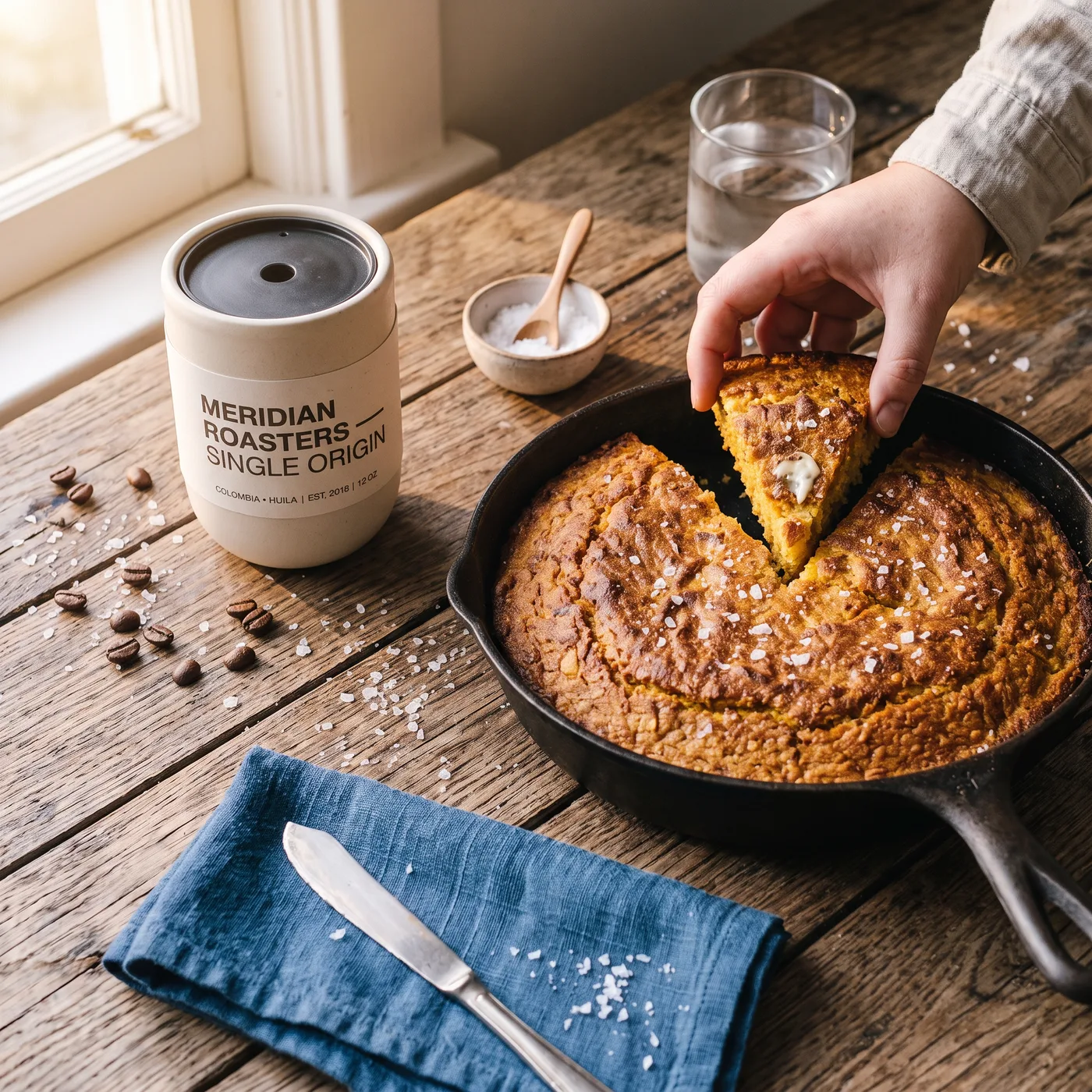 Nano Banana Pro Official composite of a labelled coffee tumbler and a skillet cornbread on one table, both carried over from reference images