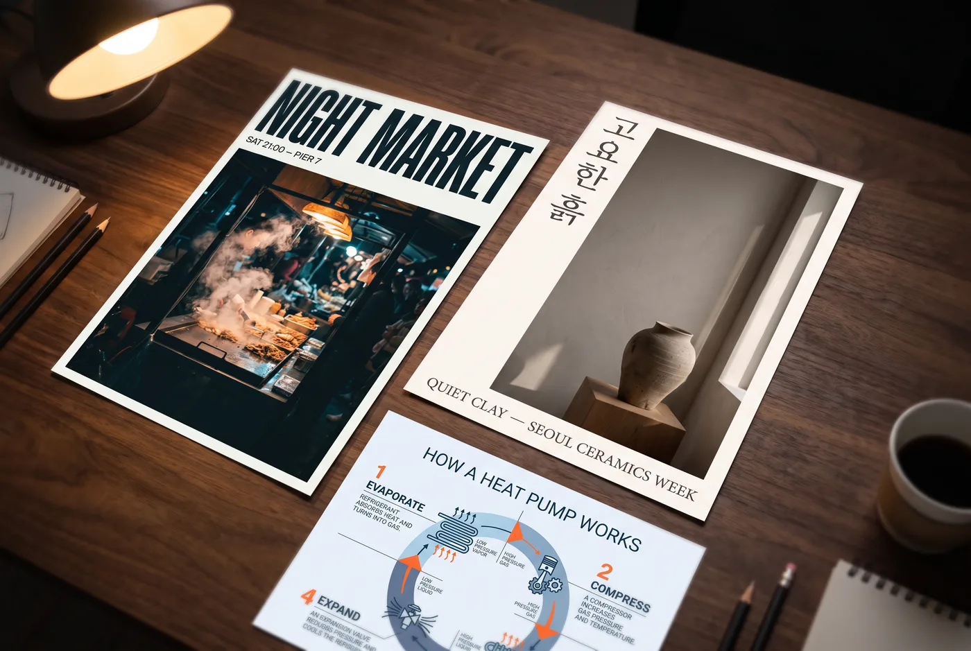 Nano Banana Pro Official flat-lay of three posters carried over from reference images, each still legible at an angle