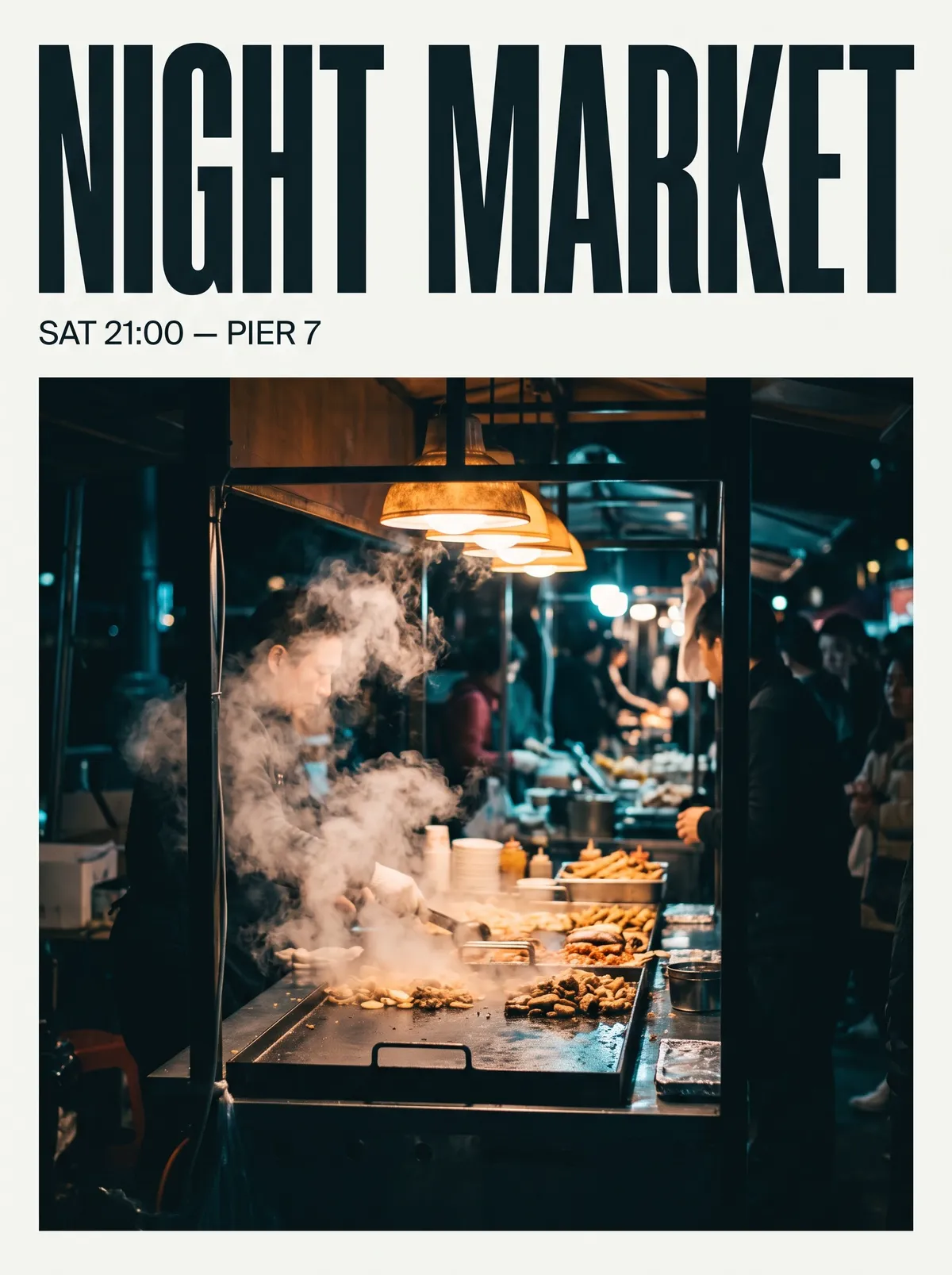 Poster gig Nano Banana Pro dengan tajuk utama NIGHT MARKET dan gambar foto makanan jalanan waktu malam