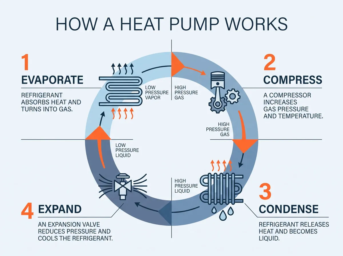 Infografik Nano Banana Pro bertajuk HOW A HEAT PUMP WORKS dengan empat peringkat yang dilabelkan dengan betul dan disusun dengan betul
