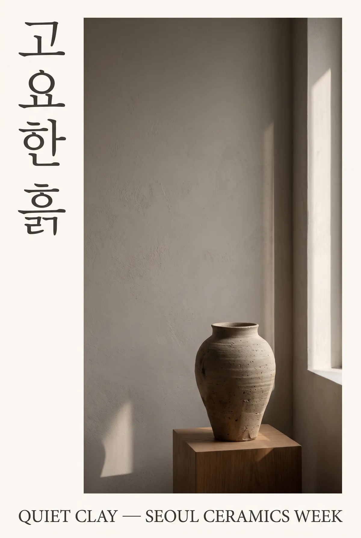 Poster seramik Korea Nano Banana Pro dengan tajuk 고요한 흙 dipaparkan dengan betul