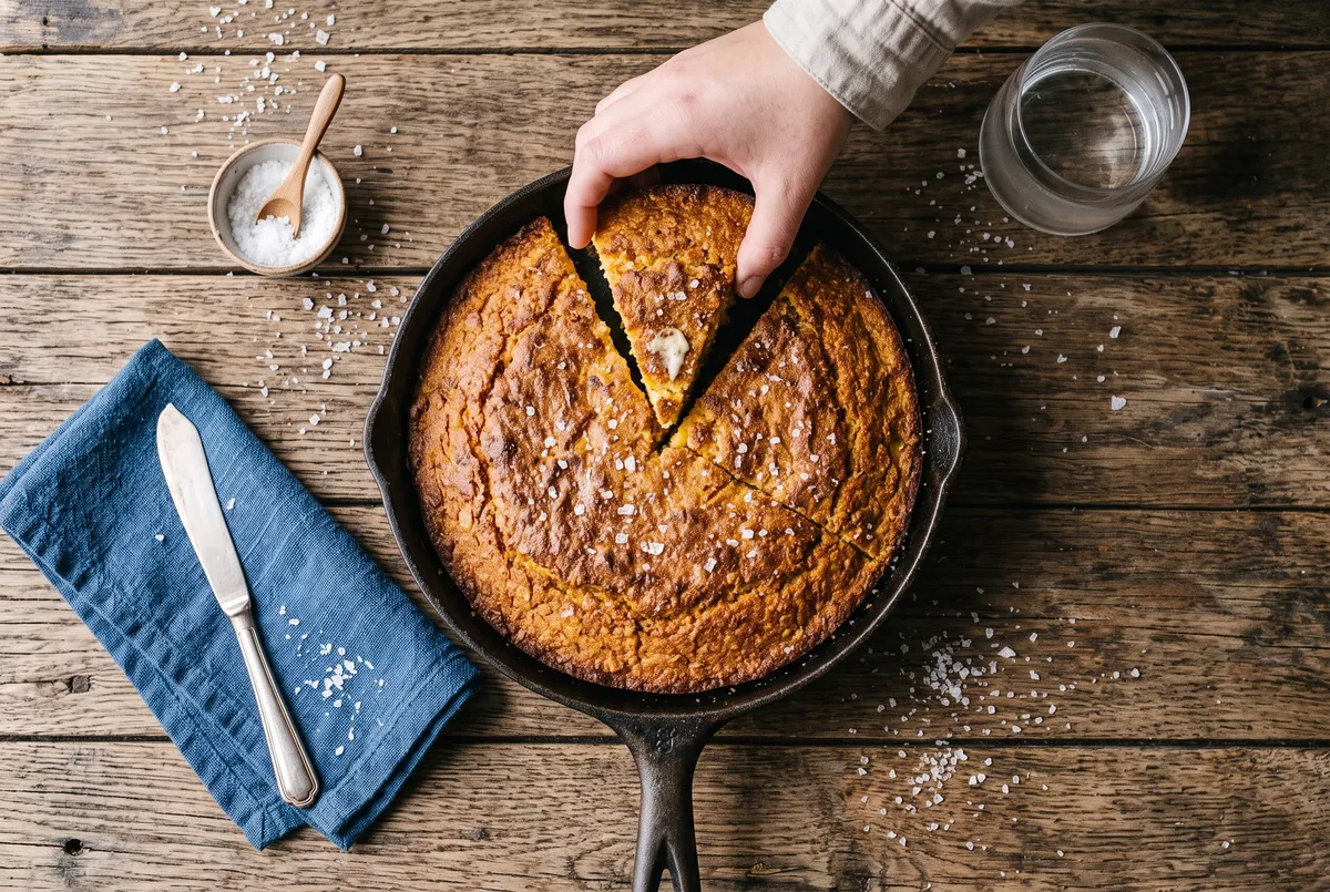 Gambar foto makanan pandangan atas Nano Banana Pro bagi roti jagung dalam kuali pada cahaya tingkap pagi