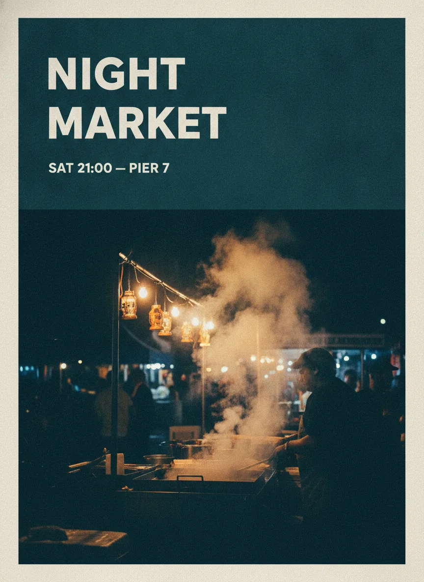 Poster persembahan Nano Banana dengan tajuk utama NIGHT MARKET dan sari tajuk SAT 21:00 — PIER 7 yang dipaparkan dengan betul
