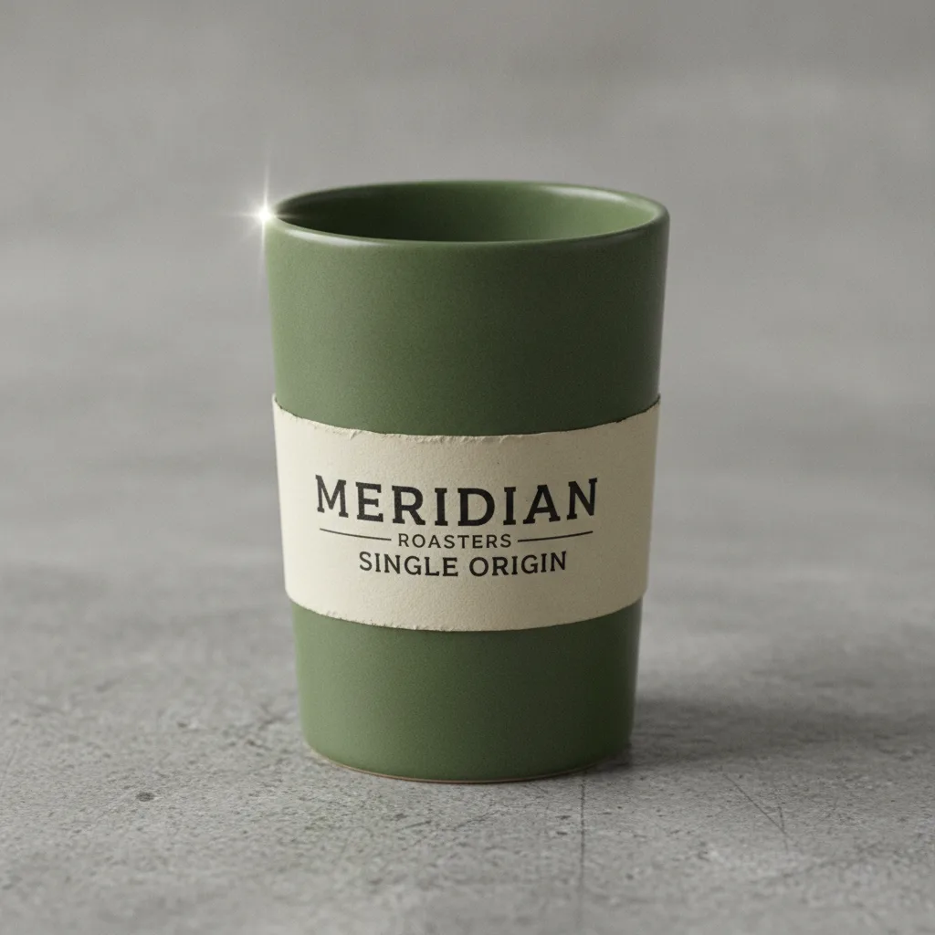 Foto produk Nano Banana bagi tumbler seramik dengan label MERIDIAN ROASTERS yang dieja dengan betul